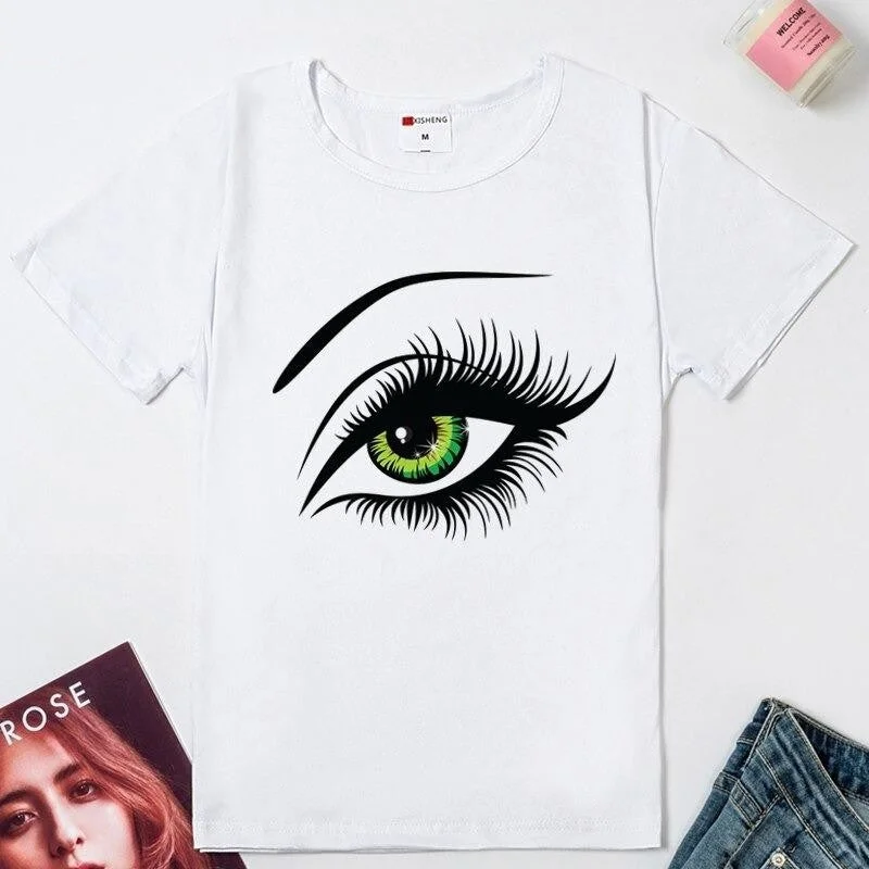 Short Sleeve Cotton Big Eyes Printed Funny T-Shirt Tee Tops for Women