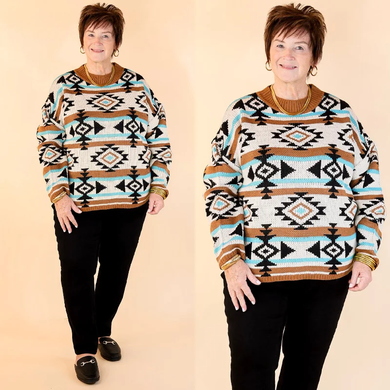 Cheyenne Chill Aztec Print Striped Sweater in Turquoise and Brown