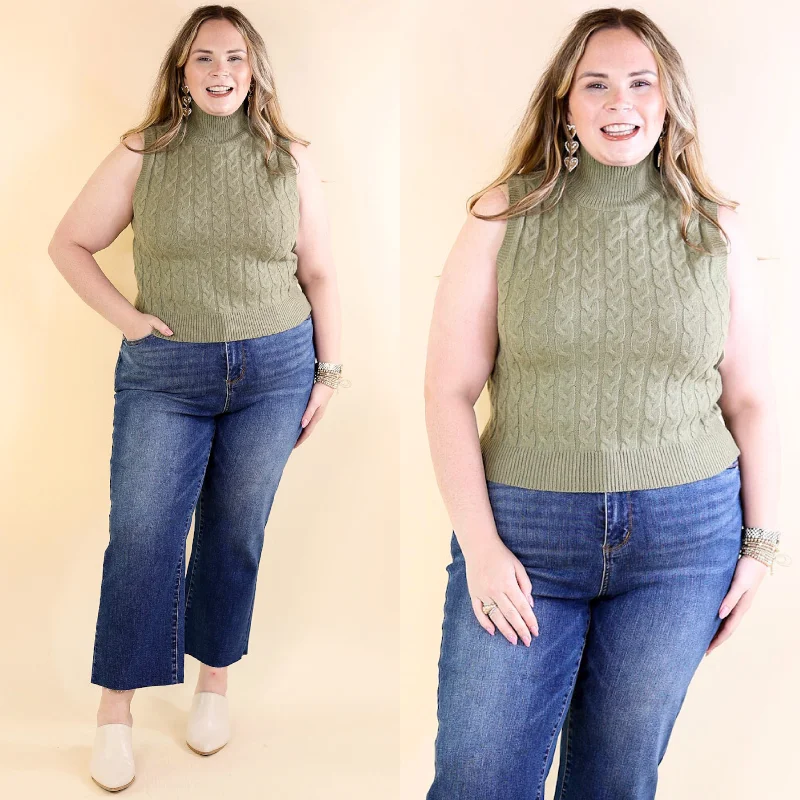 Cider Sips Cropped Sweater Tank Top with High Neck in Sage Green