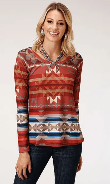 Roper Women's Long Sleeve Rust / Cream Aztec Print Jersey Scoop Neck Sweater 0514-7052