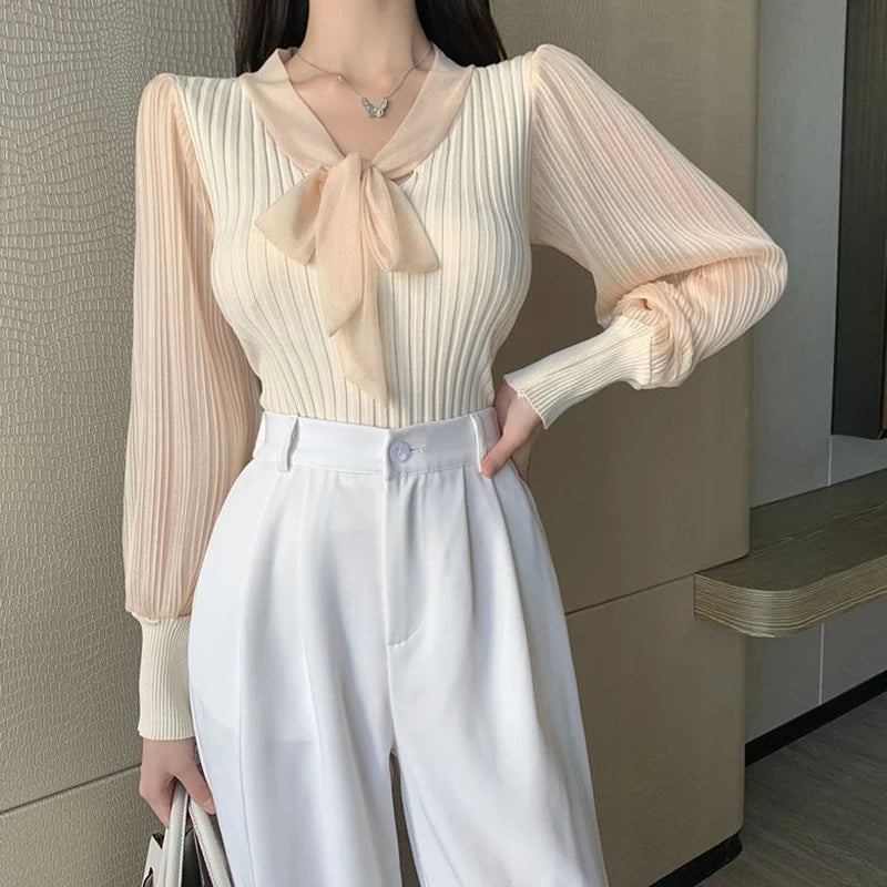 Korean Chic Bow V-Neck Puff Sleeve Sweater for Women