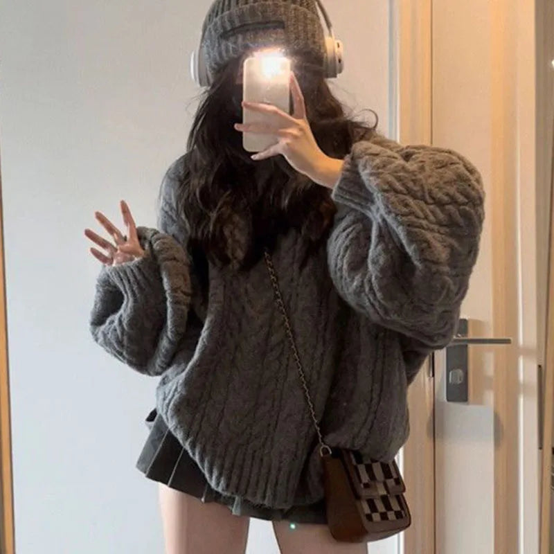 Korean Oversized V-Neck Sweater Cozy Winter Knit for Women