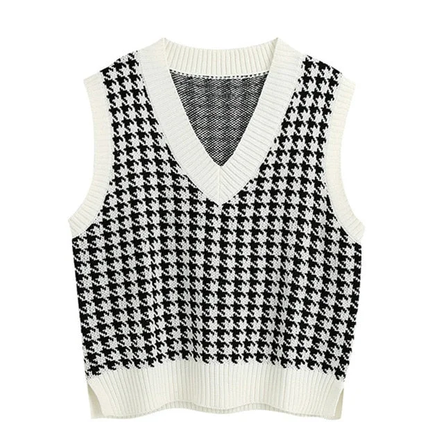 Women 2020 Fashion Oversized Houndstooth Knitted Vest Sweater Vintage Sleeveless