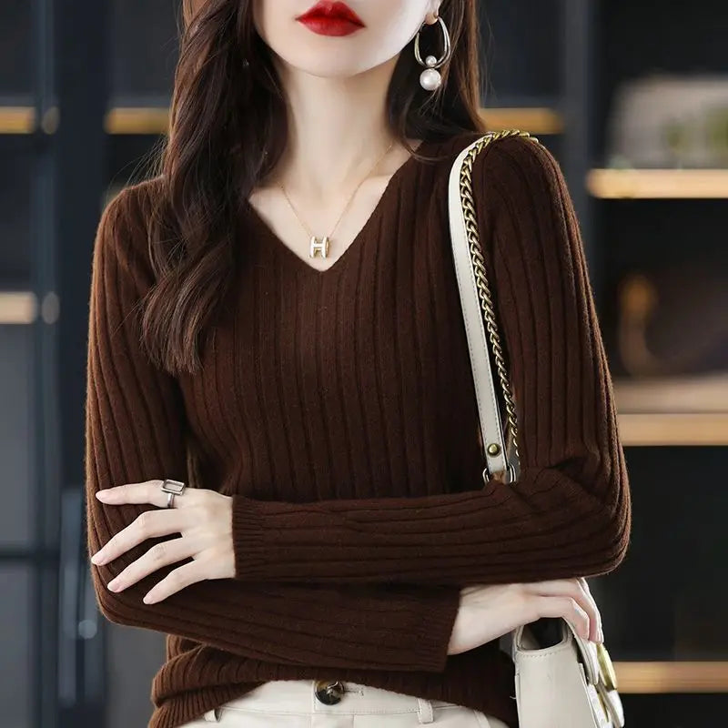 Long Sleeve Top Knitted  V-Neck Ribbed Sweater