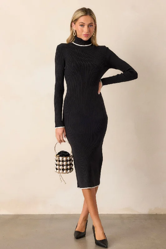 Sleek Chic Black Ribbed Midi Sweater Dress