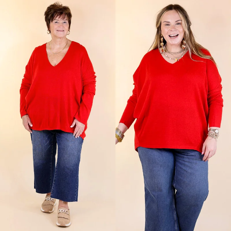 Sweater Weather Lightweight V Neck Sweater in Red