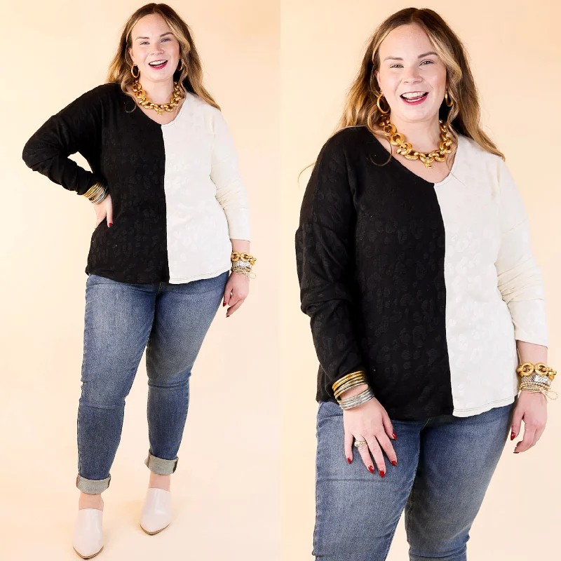 Unbeatable Sights Long Sleeve Leopard Print Color Block Sweater in Black and Ivory