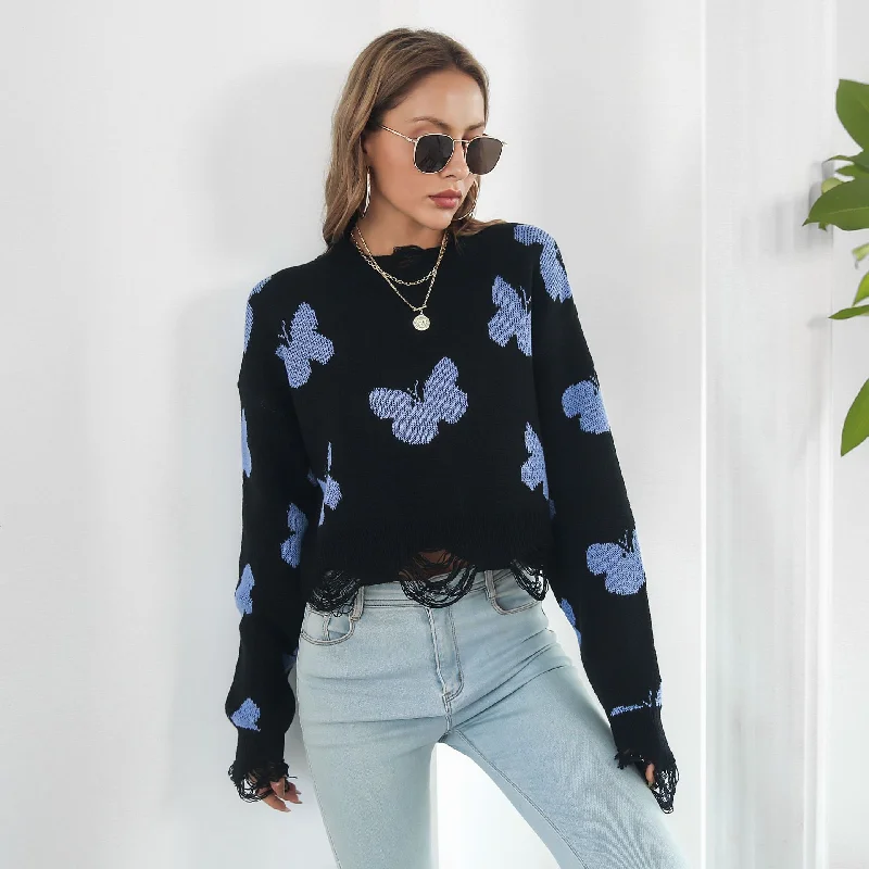 Women Fashion Butterfly Jacquard Long-Sleeved Short Knitted Sweater