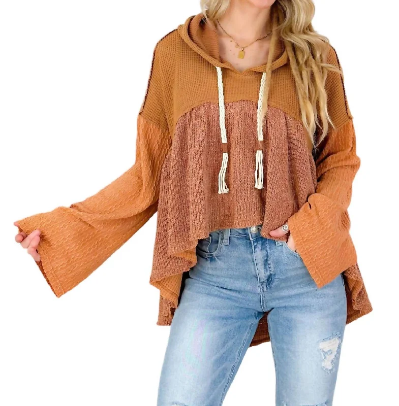 Hi Lo Knit Hoodie Top In Toffee