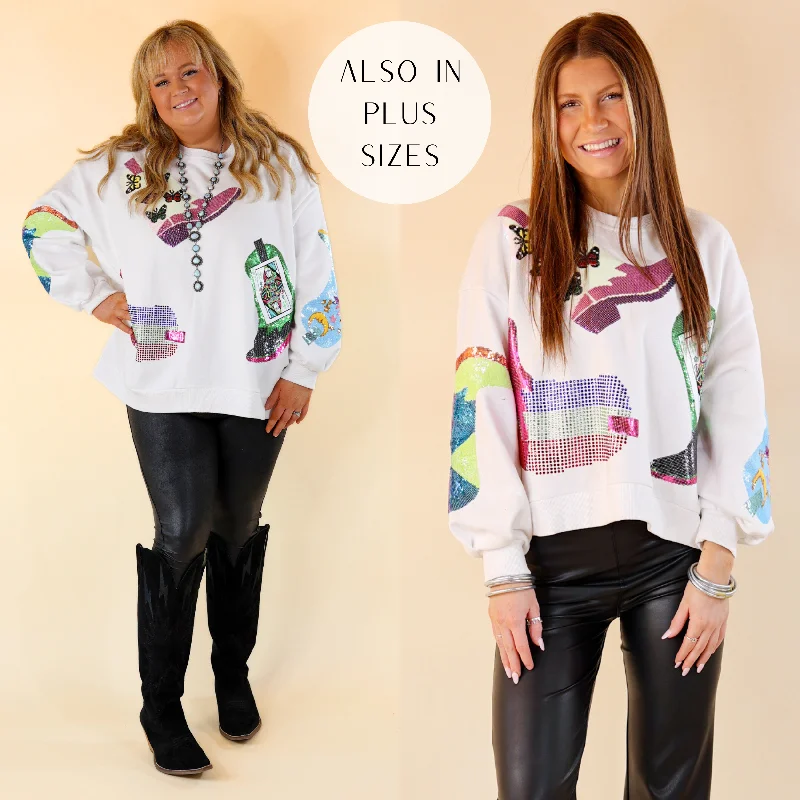 Queen Of Sparkles | Two-Step Dreams Sequin Boot Long Sleeve Sweatshirt in White