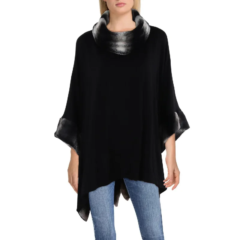 Womens Knit Faux Fur Trim Wrap Coat