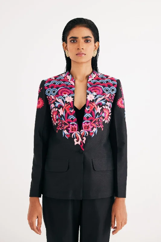 Black Silk Chanderi Floral Embroidered Jacket