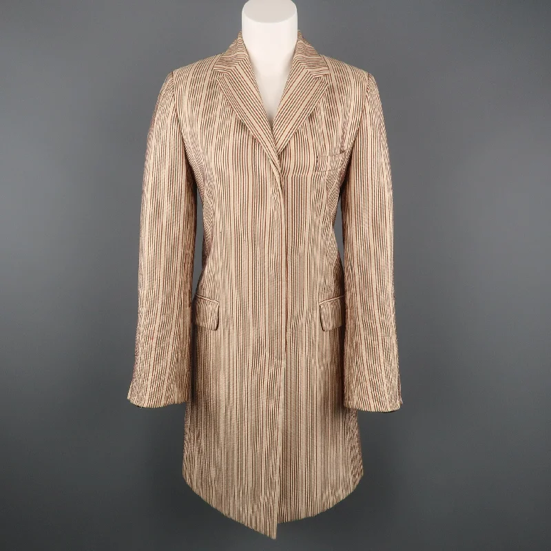 DRIES VAN NOTEN Size 4 Beige & Red Striped Silk / Linen Notch Lapel Coat