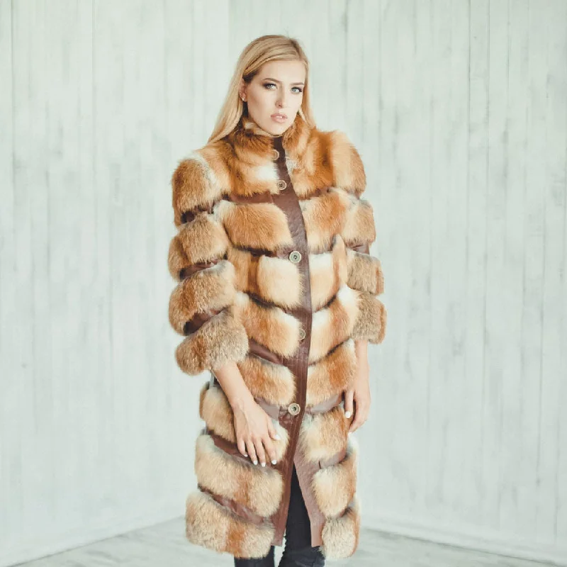 Fox Fur Coat with Leather Stripes