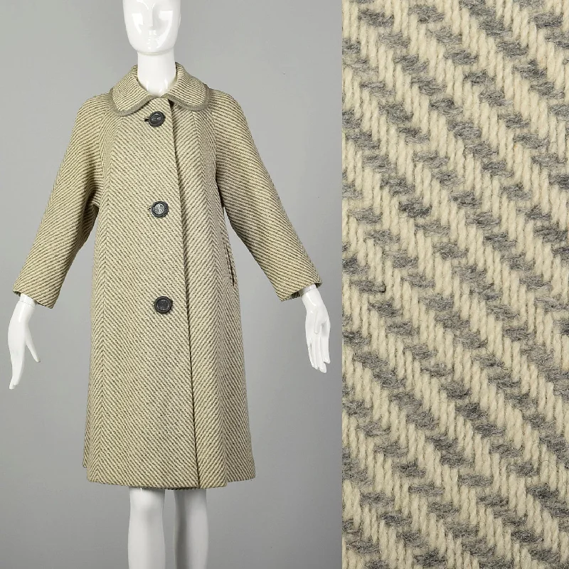 Large 1950s Swing Coat Gray Herringbone Stripe Wool Tweed Peter Pan Collar Winter Outerwear