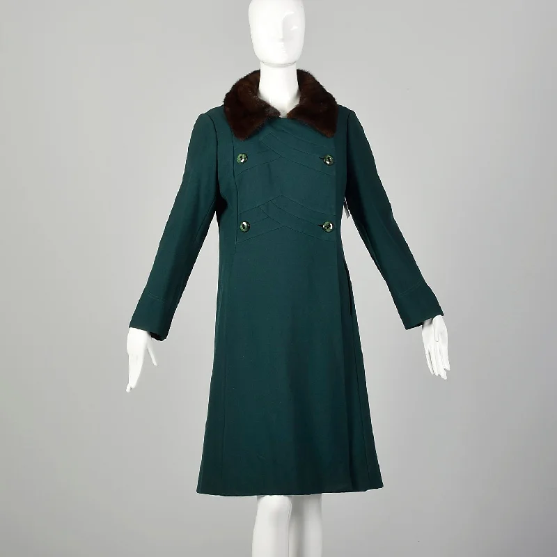 Medium 1960s Green Coat Double Breasted Autumn Outerwear with Mink Fur Collar