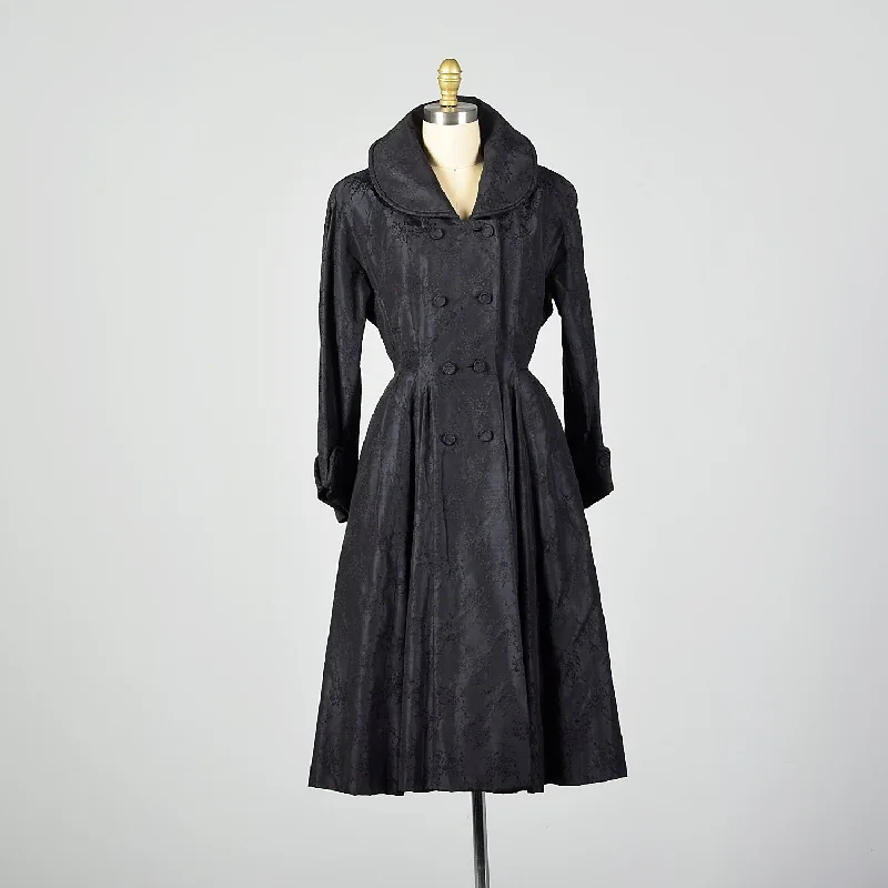 XS 1950s Via Veneto Couture Boutique Black Silk Princess Coat Made In Italy