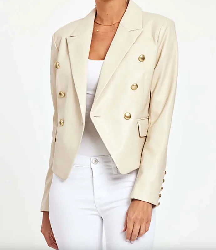 Double Breasted Vegan Leather Blazer - Bone