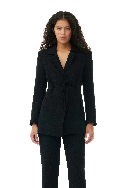 Textured Suiting Tie String Blazer - Black