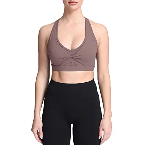 Aoxjox Twist Sports Bras for Women Workout Fitness Training Elegance V Neck Racerback Yoga Crop Tank Top (Coffee, Medium)