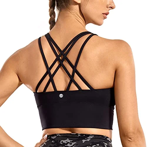 CRZ YOGA Women's Strappy Longline Sports Bras - Wirefree Padded Medium Impact Workout Crop Tank Top Black Medium