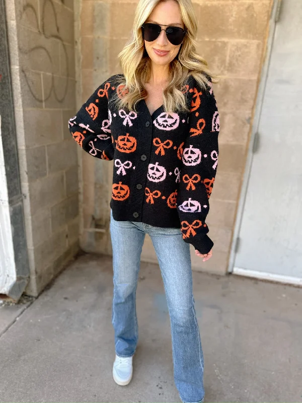 Halloween Pumpkin & Bow Print Cardigan