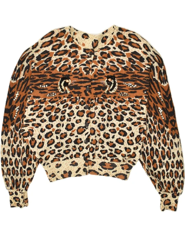 NIKI LINE Womens Crop Cardigan Sweater UK 14 Large Brown Animal Print Wool