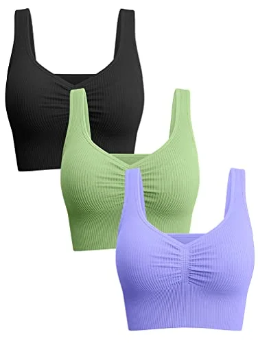 OQQ Women's 3 Piece Tank Tops Padded Medium Support Yoga Bras Ribbed Seamless Workout Exercise Sport Bra Black Green Purple