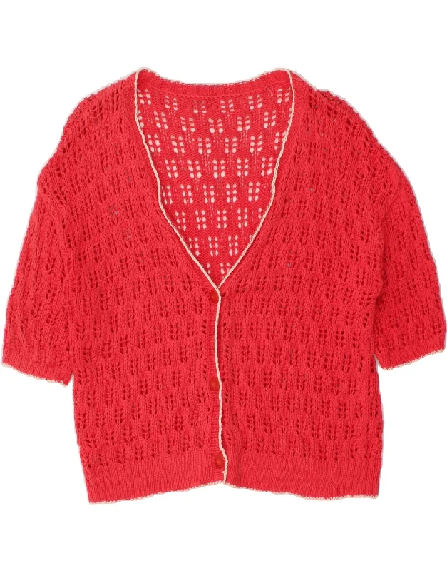 VINTAGE Womens 3/4 Sleeve Crochet Cardigan Sweater UK 10 Small Pink