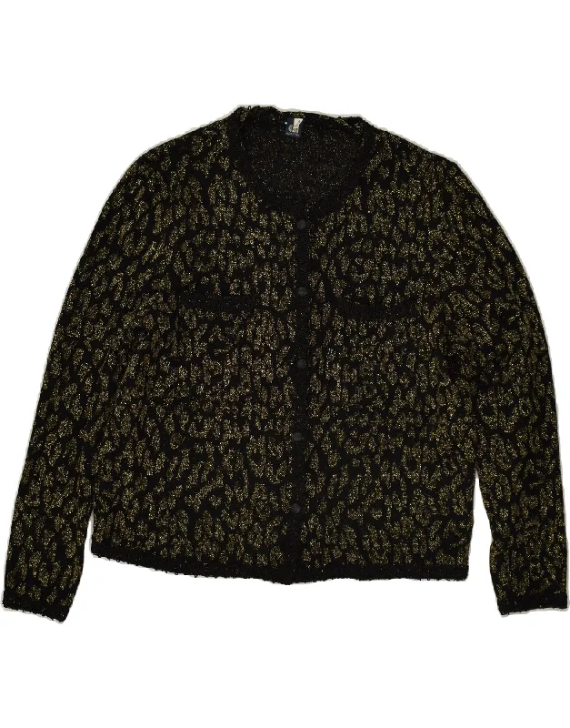 VINTAGE Womens Cardigan Sweater IT 50 XL Black Animal Print Acetate