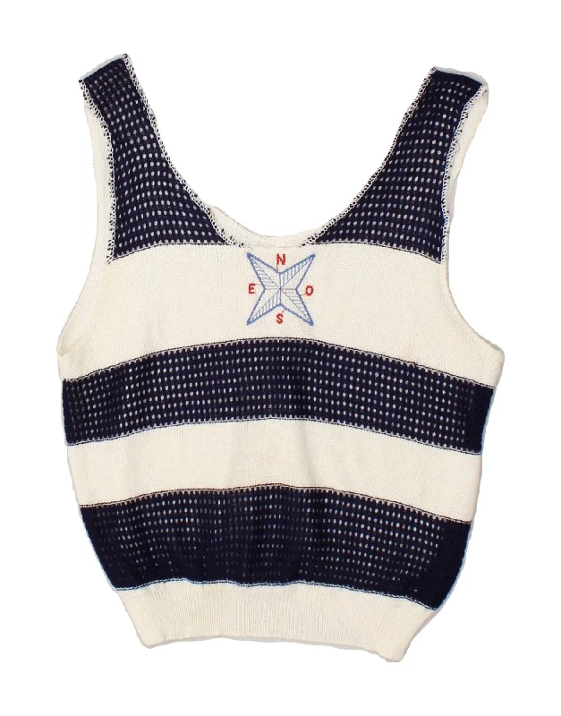 VINTAGE Womens Crop Vest Tank Top UK 10 Small Navy Blue Striped Nautical