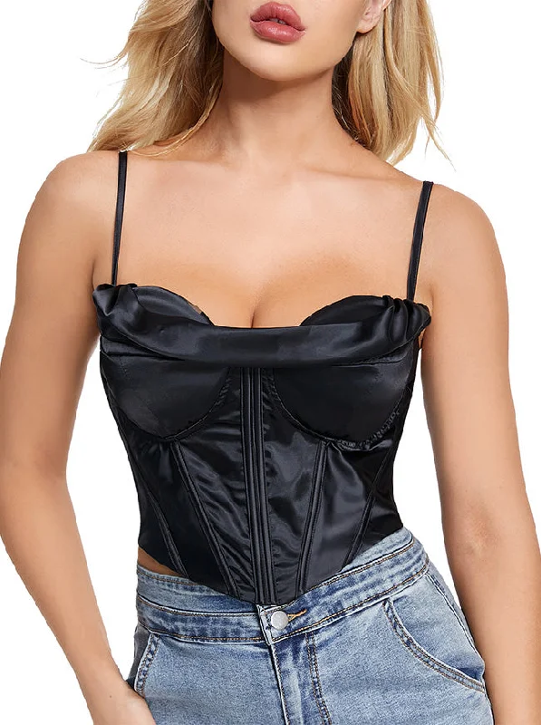 Satin Spaghetti Strap Zip Back Clubwear Corset Camis Crop Top for Women