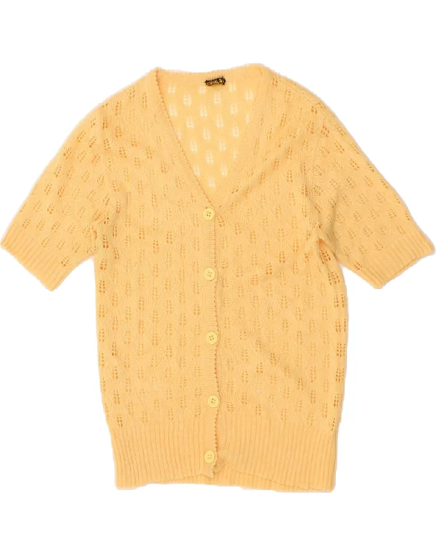 VINTAGE Womens Short Sleeve Cardigan Sweater UK 12 Medium Yellow