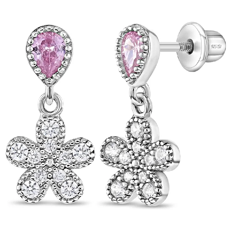 Exclusive Gemstone Jewelry At Special Prices Groovy CZ Flower Dangle Kids / Children's / Girls Earrings Screw Back - Sterling Silver
