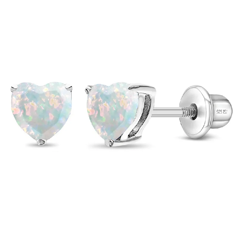 Fine Jewelry, Limited-Time Offers Available Opal Heart Kids / Children's / Girls Earrings Screw Back - Sterling Silver